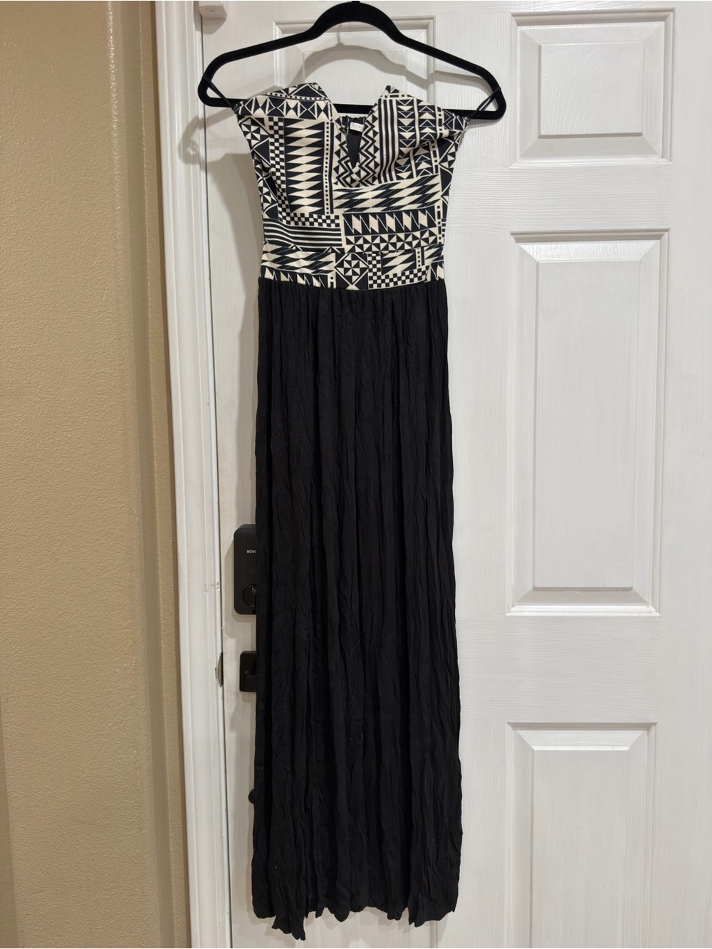 Strapless Black Maxi Jumpsuit with Geometric White Bodice